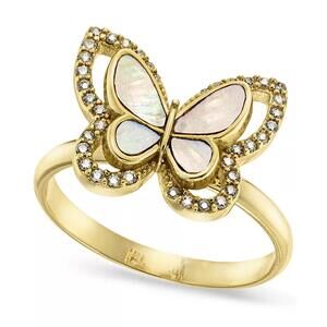 Gold-Plate Pavé & Mother-of-Pearl Butterfly Ring, Size 6